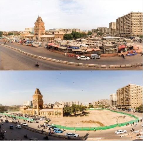 Empress Market before and after the demolition process | Owais photos; courtesy Urban Resource Centre